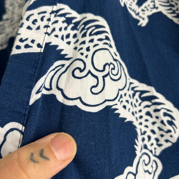 Vintage 70s Dragon Print Belted Kimono Robe OS Unisex Full Length Navy Cotton - Picture 9 of 12
